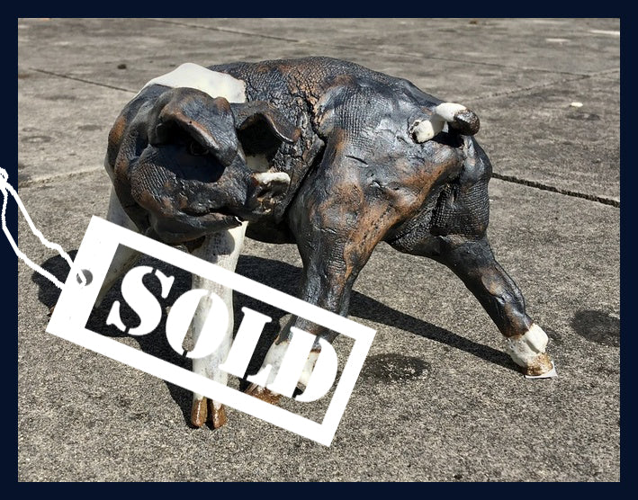 SOLD Small Saddleback Pig 1: Stoneware Sculpture by Elaine Peto