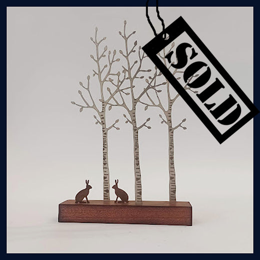 SOLD Silver Birch and Hares: Metal & Wood Sculpture by David Mayne
