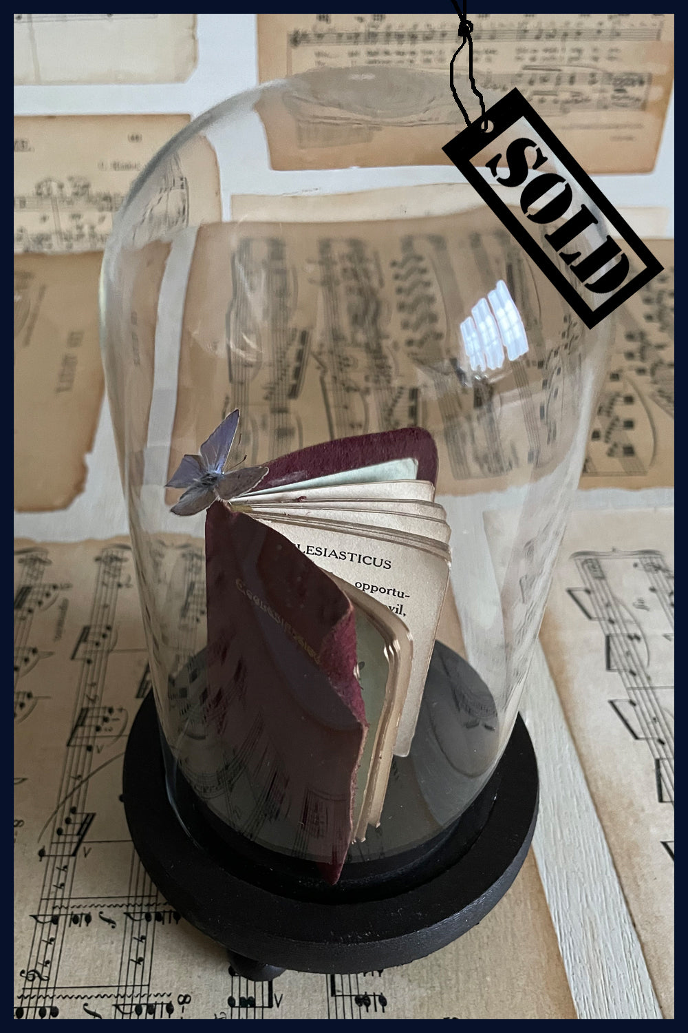 SOLD - Enigma Variations Collection: Miniature Antique Leather Ecclesiastical Book and a Vintage Butterflies in a Glass Display Dome