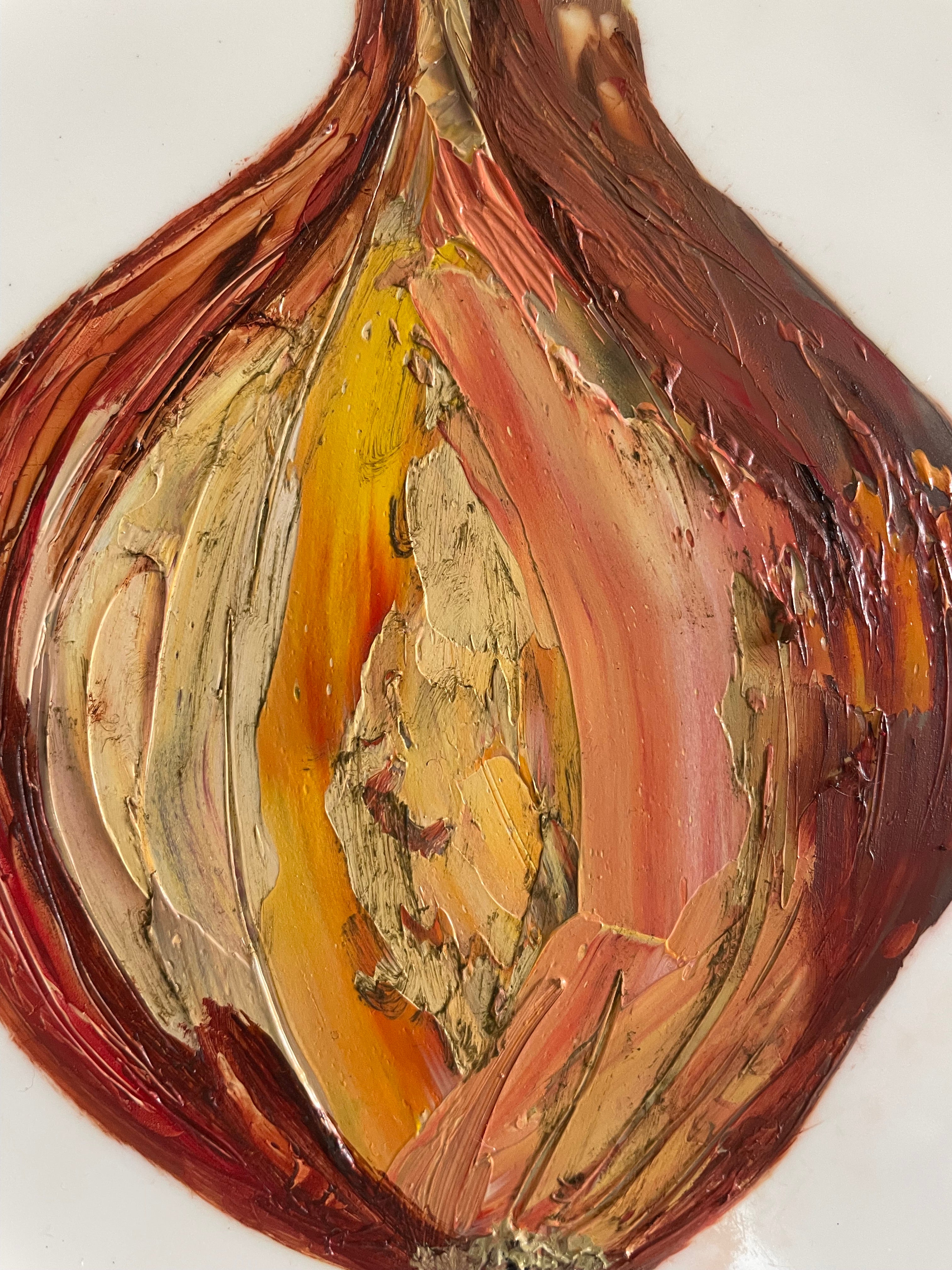 SOLD Plated: original fine art oil painting on a vintage salad plate - onion (4)