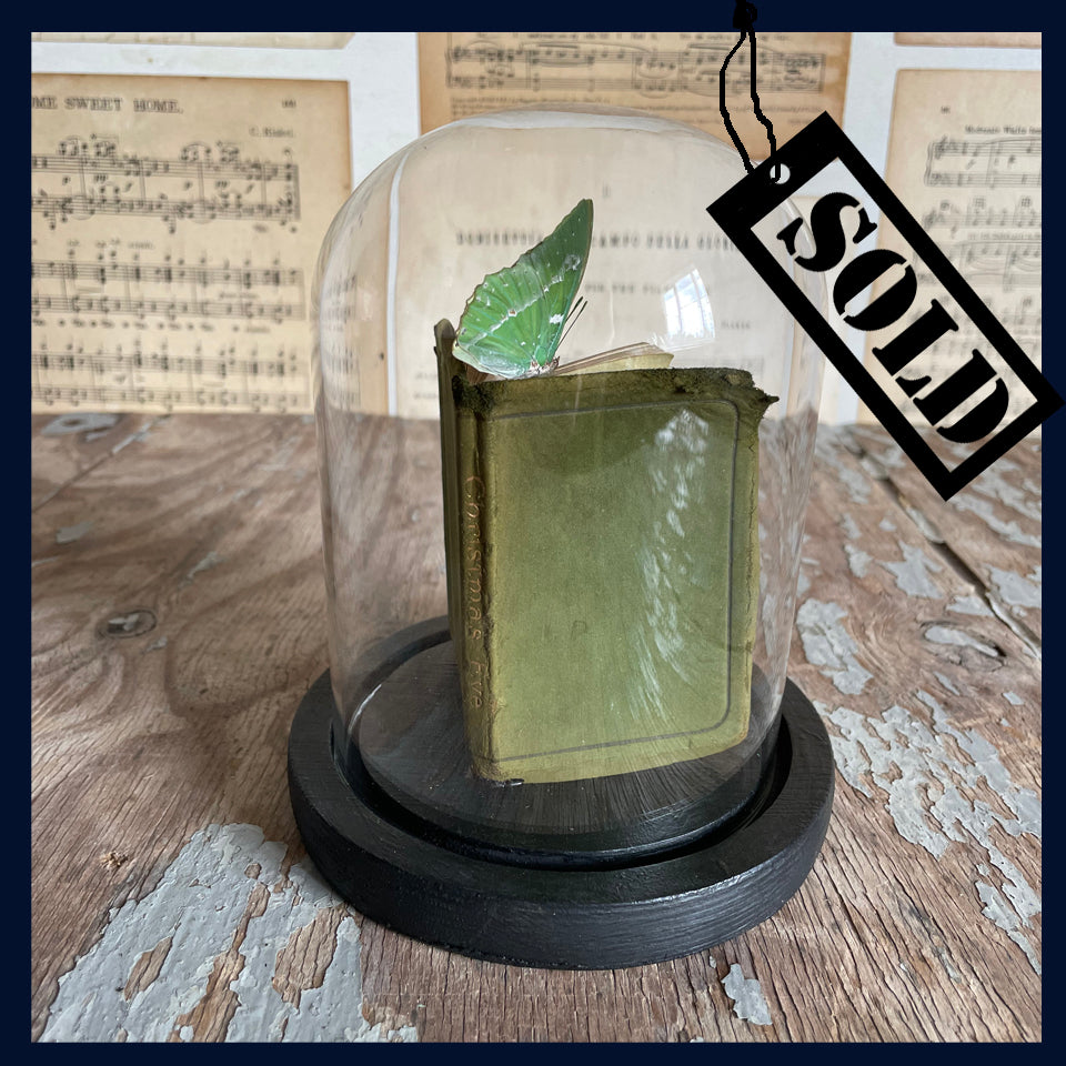 SOLD - Enigma Variations Collection: Miniature Victorian Poetry Book - 'Christmas Eve' by Robert Browning with Green Suede Cover and an Old Butterfly in a Glass Display Dome
