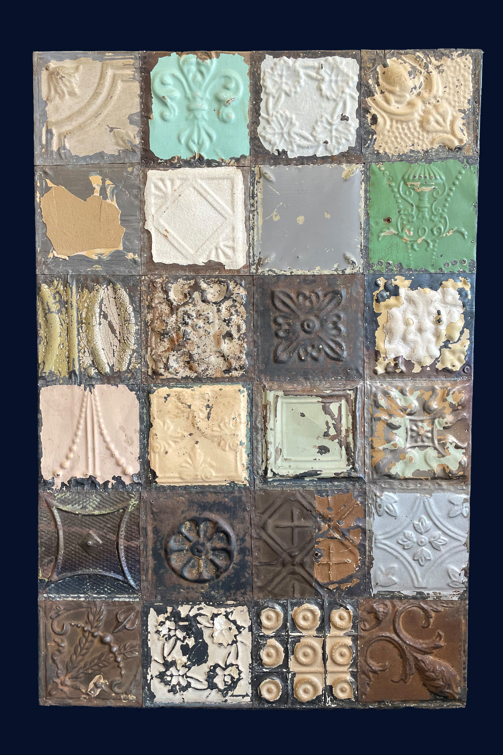 REDUCED 30% OFF Curated Collection of Mounted Antique US Tin Ceiling Tiles (189)