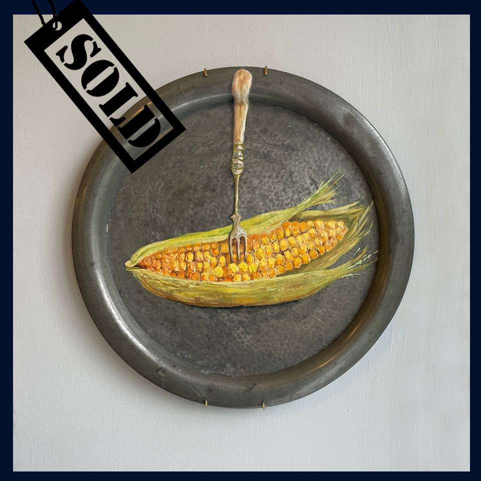 SOLD Plated: original fine art oil painting on an antique pewter plate - antique fork & corn on the cob