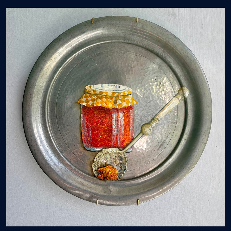 Plated: original fine art oil painting on an antique pewter plate - antique jam spoon & a jar of marmalade
