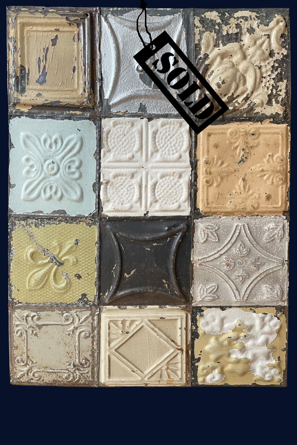 SOLD Mounted Collection of Antique USA Tin Ceiling Tiles (156)