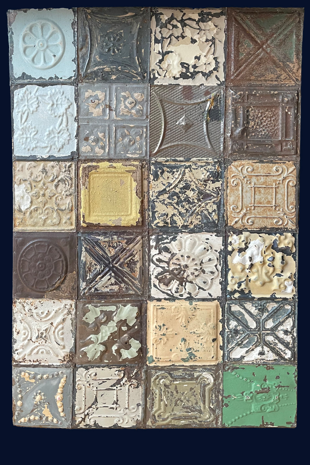 Curated Collection of Mounted Antique US Tin Ceiling Tiles (158)