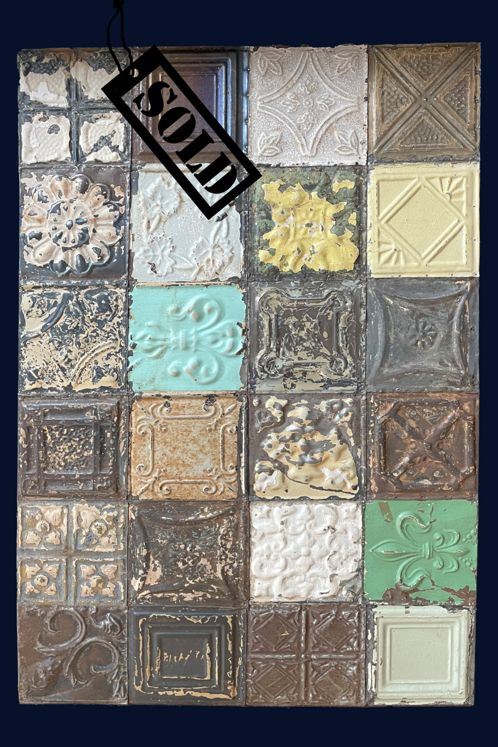 SOLD - Curated Collection of Mounted Antique US Tin Ceiling Tiles (160)