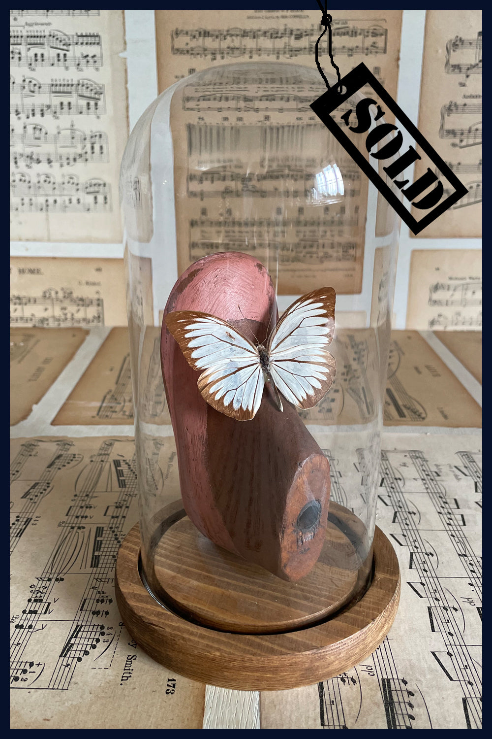 SOLD - Enigma Variations Collection: Vintage Wooden Shoe Last with Old Butterfly in a Glass Display Dome