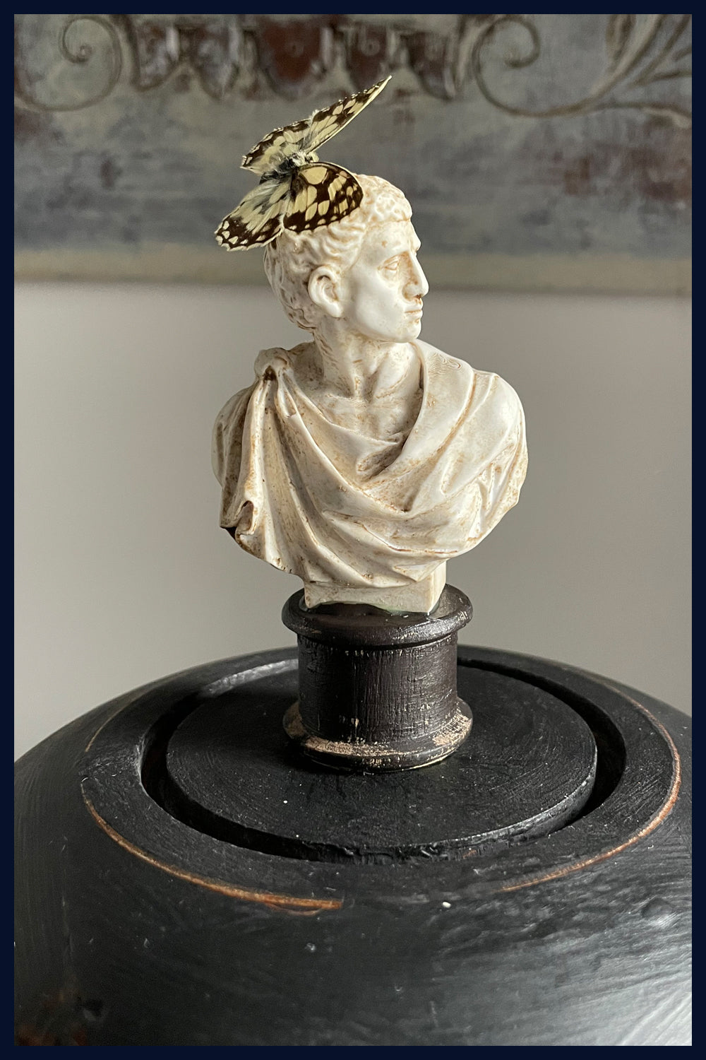 Enigma Variations Collection: Caesar Statue with a Vintage Butterfly in a Glass Display Dome