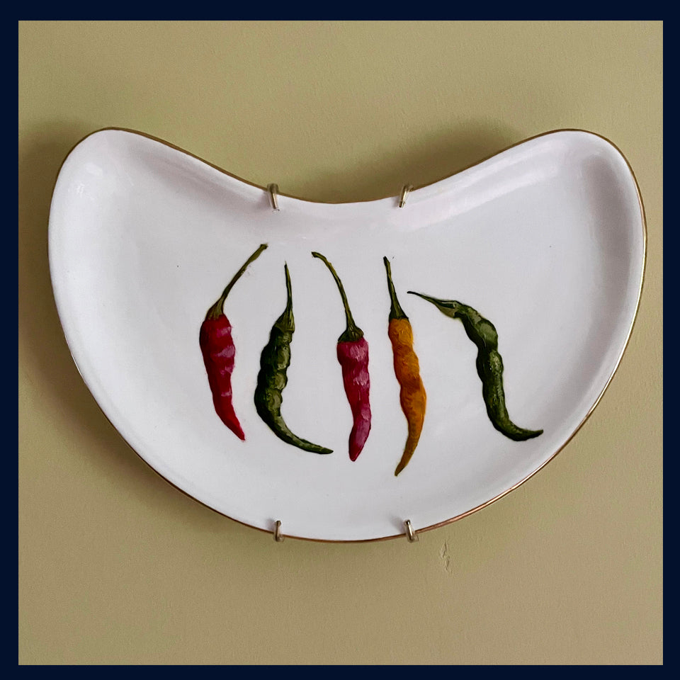 Plated: original fine art oil painting on a vintage side plate - 5 chillies