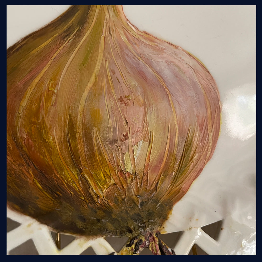 SOLD Plated: original fine art oil painting on an antique reticulated plate - onion