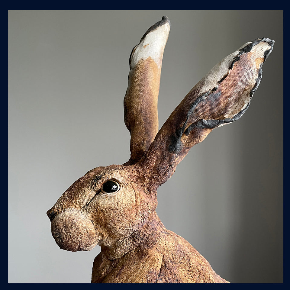 Sitting Hare: Ceramic Stoneware Sculpture by Elaine Peto
