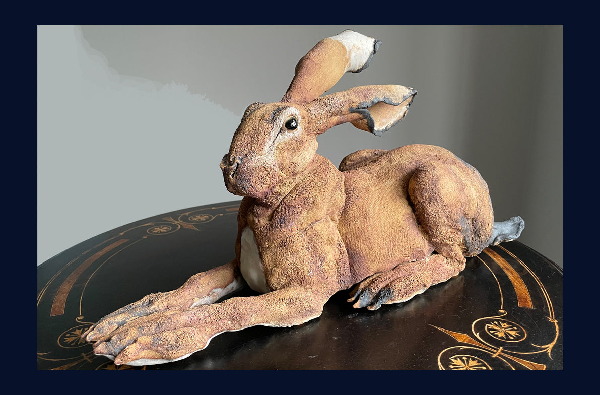 Outstretched Lying Hare (small): Ceramic Stoneware Sculpture by Elaine Peto