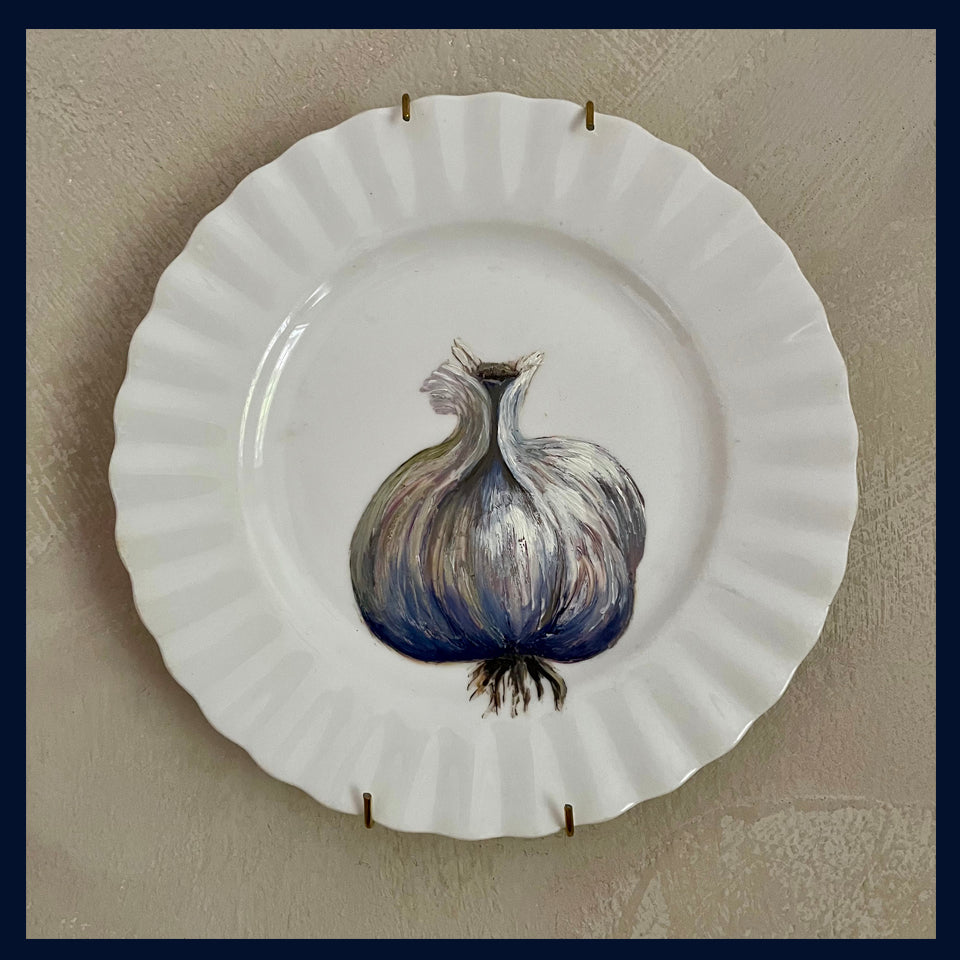 Plated: original fine art oil painting on a vintage tea plate - garlic