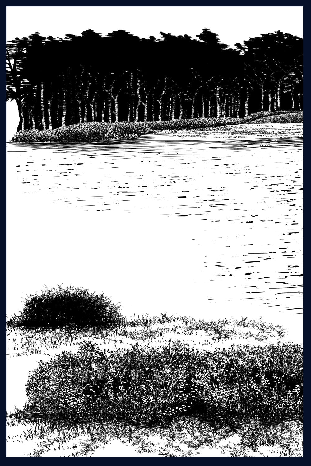 Holkham Beach, Norfolk. Pen and Ink artwork by Jac Scott