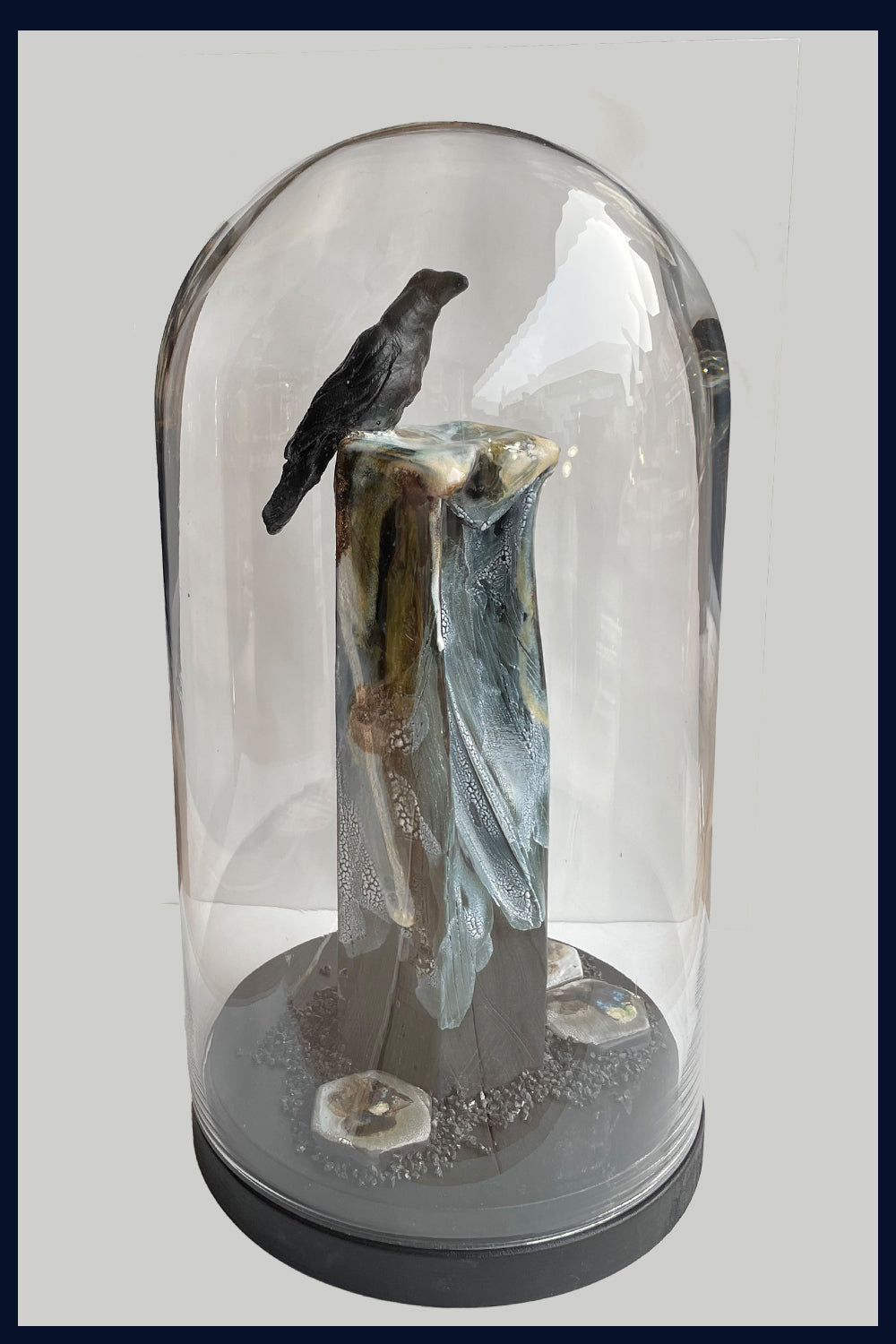 Ceramic Raven & Column Under a Large Glass Dome: Ceramic Sculpture by Jillian Riley
