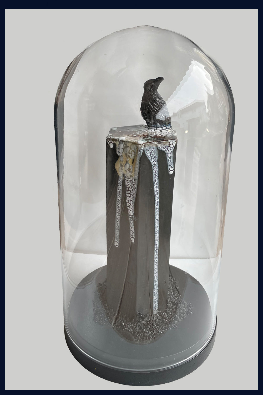 Ceramic Raven & Column Under a Large Glass Dome 2: Ceramic Sculpture by Jillian Riley