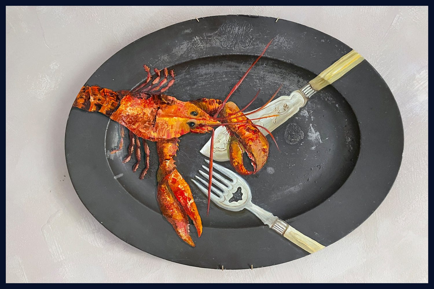 Plated: original fine art oil painting on an antique pewter platter - lobster with large vintage silver-plated fish fork & knife serving set