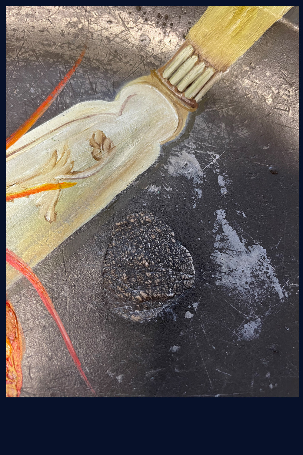 Plated: original fine art oil painting on an antique pewter platter - lobster with large vintage silver-plated fish fork & knife serving set