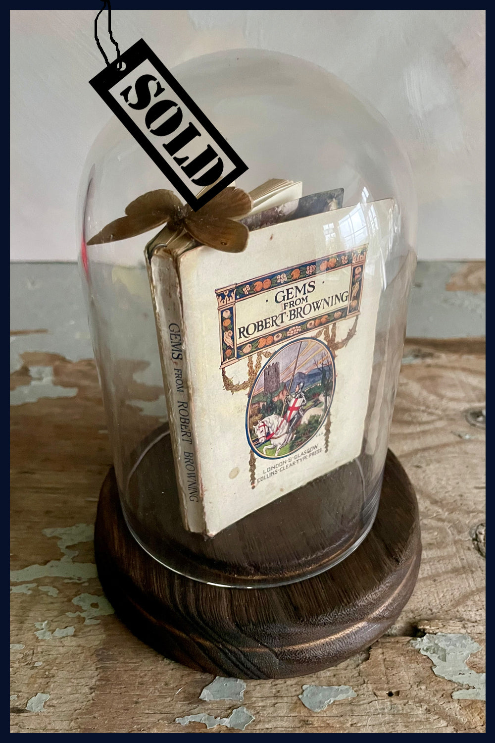 SOLD Enigma Variations Collection: Miniature Antique Book 'Gems by Robert Browning' with a Vintage Butterfly in a Display Dome