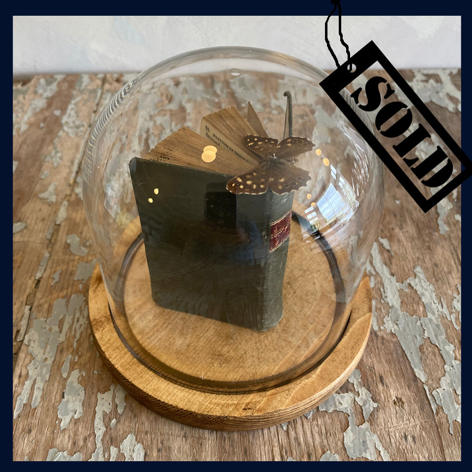 SOLD Enigma Variations Collection: Miniature Antique Book Titled 'Hervey' with a Vintage Butterfly under a Glass Display Dome