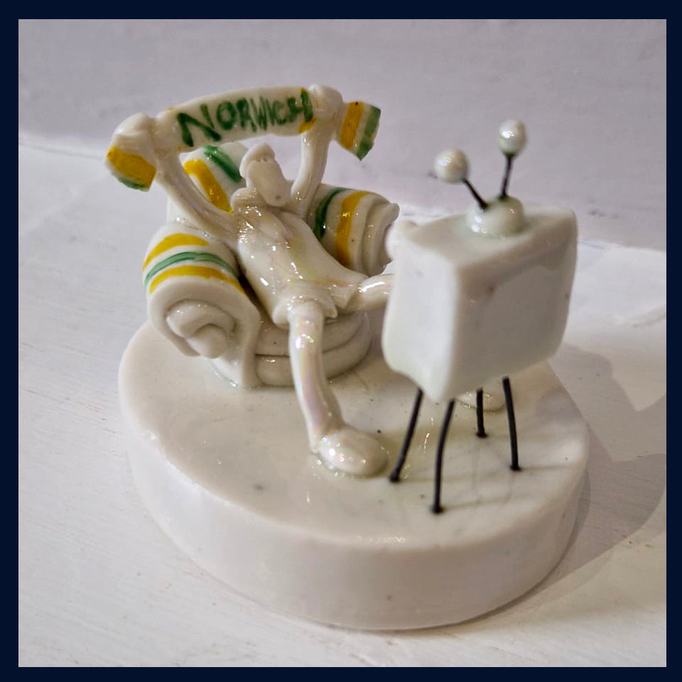 Ceramic Miniaturist Andrew Bull - football supporter watching tv
