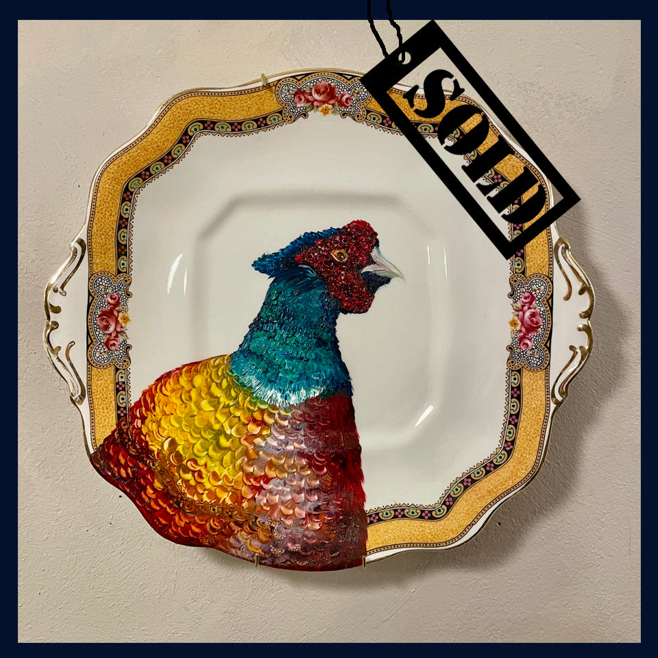 SOLD Plated: original fine art oil painting on a vintage Taylor & Kent cake plate - pheasant 5