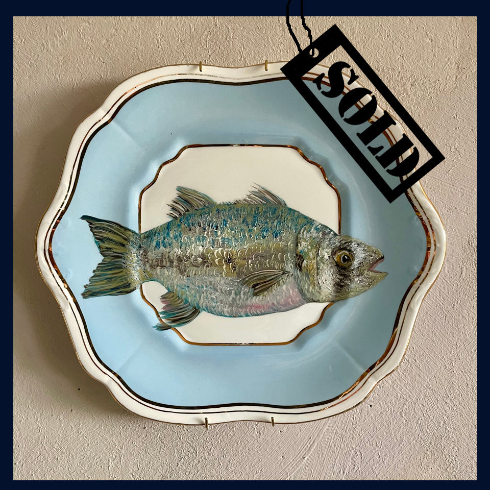 SOLD Plated: original fine art oil painting on an antique cake plate - sea bass
