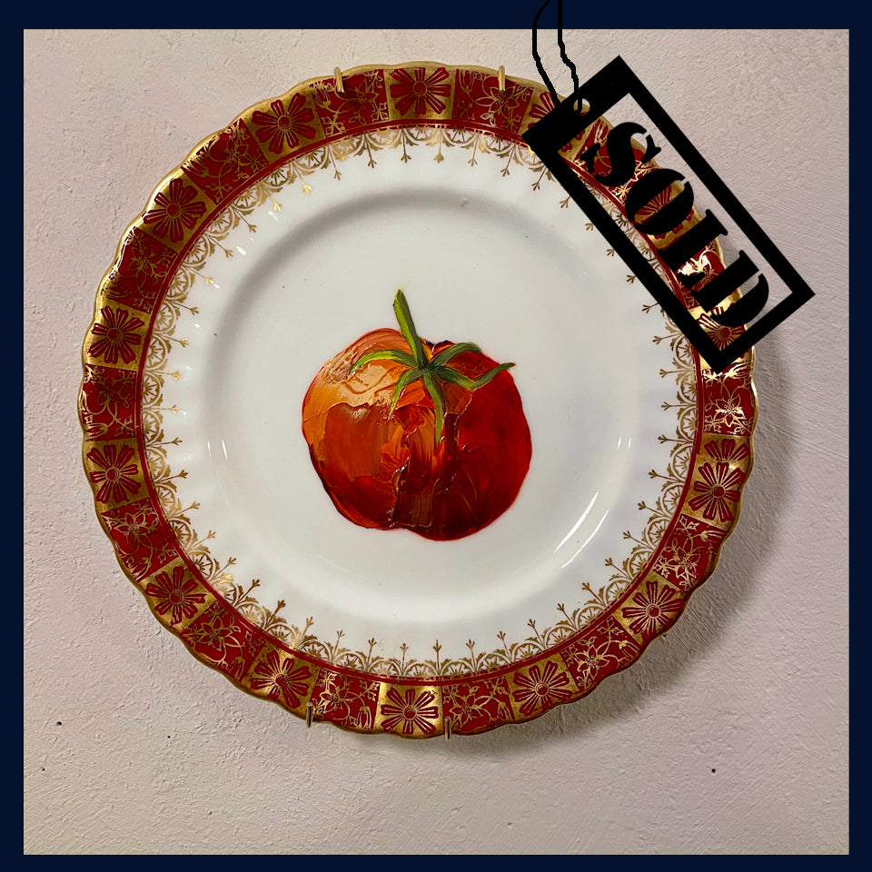SOLD Plated: original fine art oil painting on a vintage tea plate - tomato