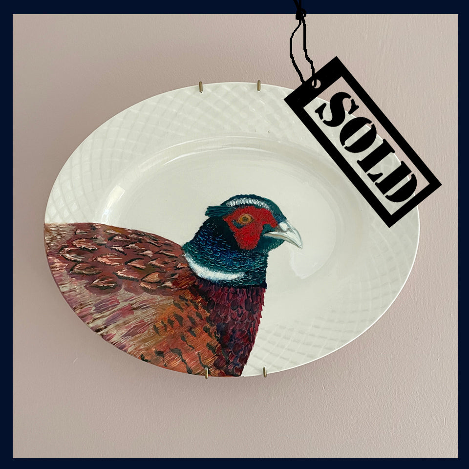 SOLD - Plated: original fine art oil painting on an old platter - Pheasant