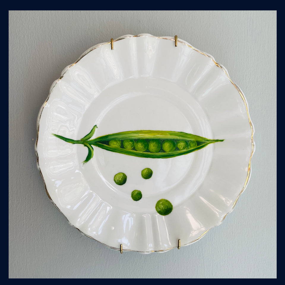 Plated: original fine art oil painting on a vintage bone china Royal Tara tea plate - pea pod & peas