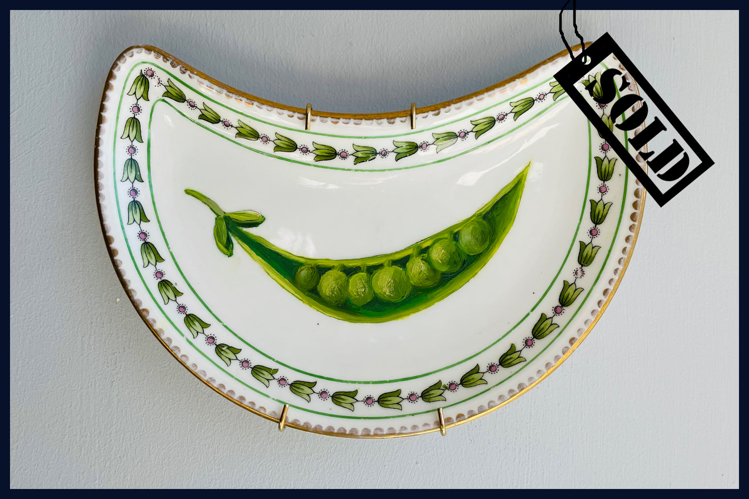 SOLD Plated: original fine art oil painting on an antique side plate - pea pod