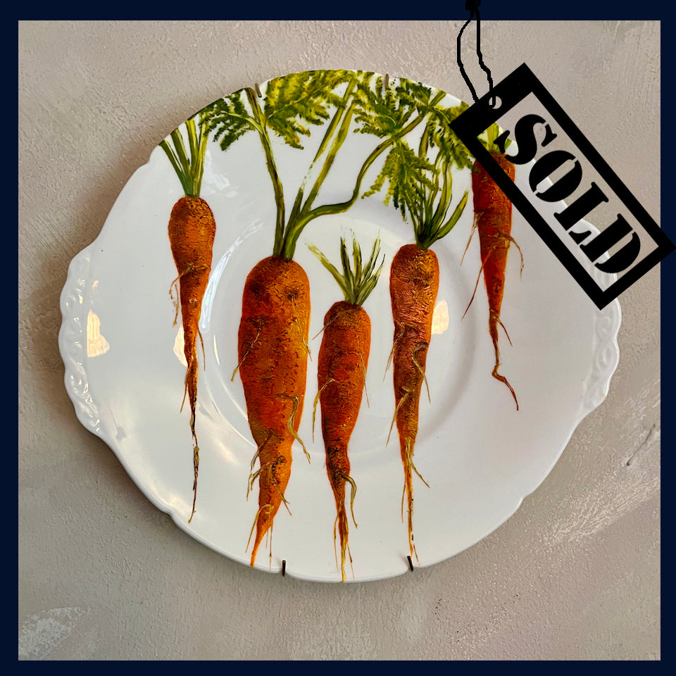 SOLD - Plated: original fine art oil painting on a vintage cake plate - 5 carrots