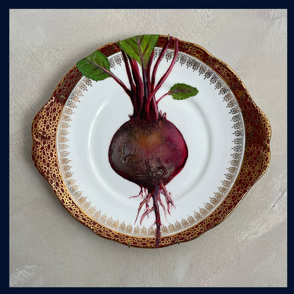 Plated: original fine art oil painting on a vintage cake plate - beetroot 5