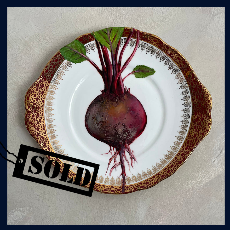 SOLD Plated: original fine art oil painting on a vintage cake plate - beetroot 5