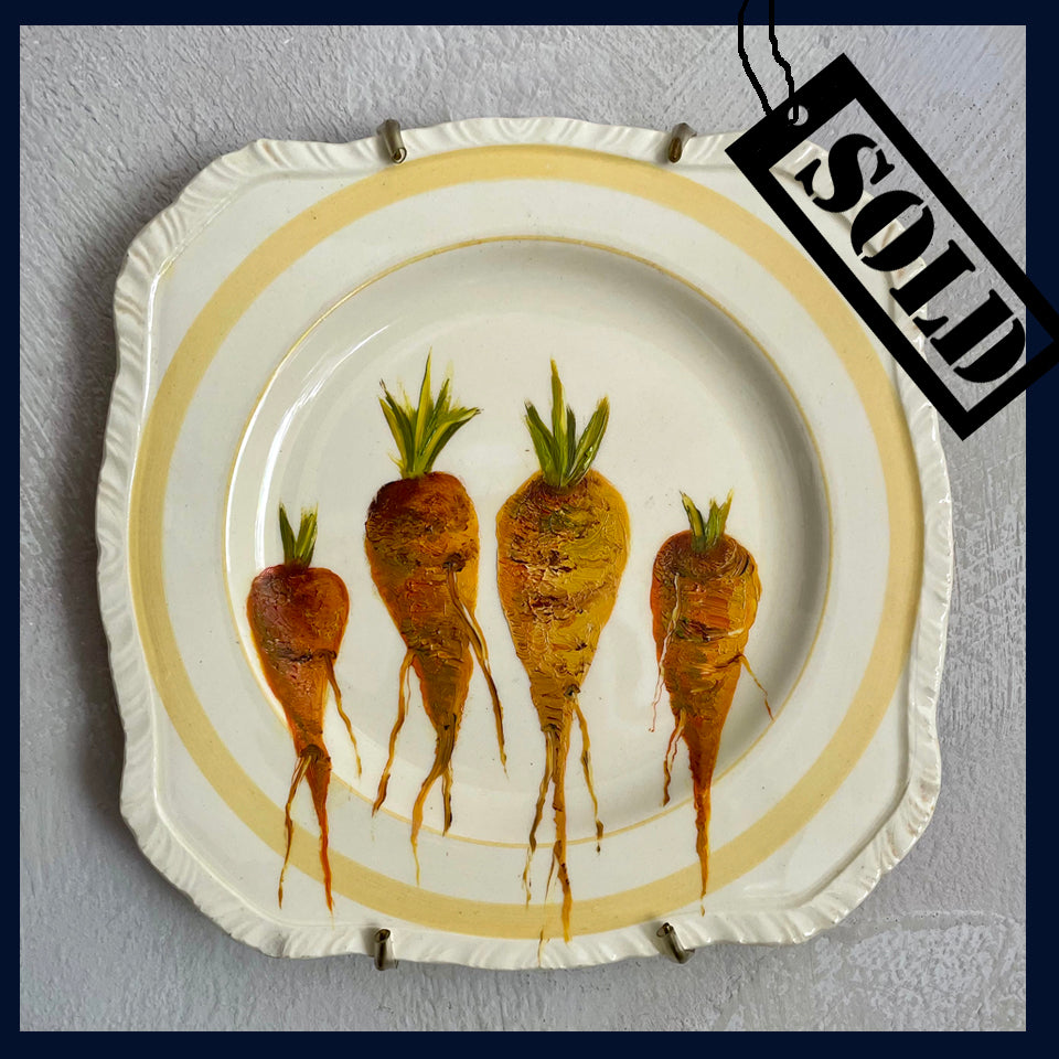 SOLD - Plated: original fine art oil painting on a 1930s side plate - 4 Chantenay carrots