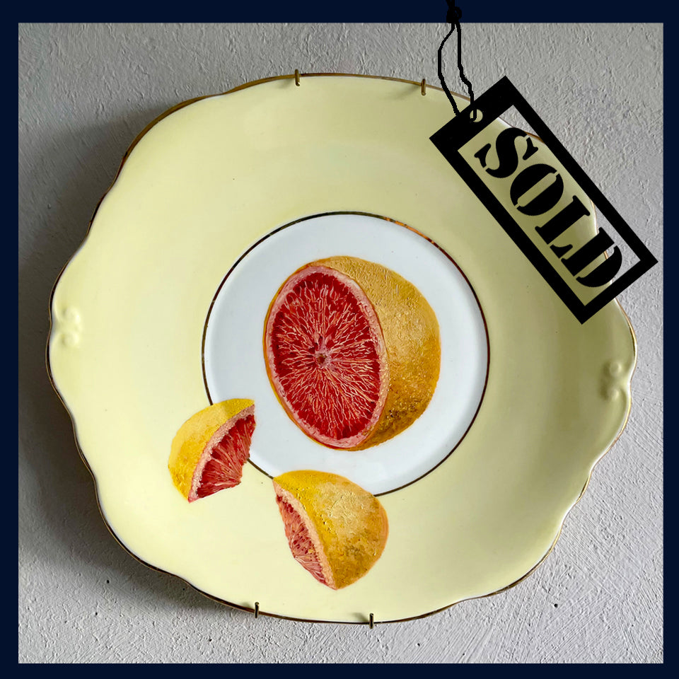 SOLD Plated: original fine art oil painting on a vintage Duchess cake plate - ruby grapefruit
