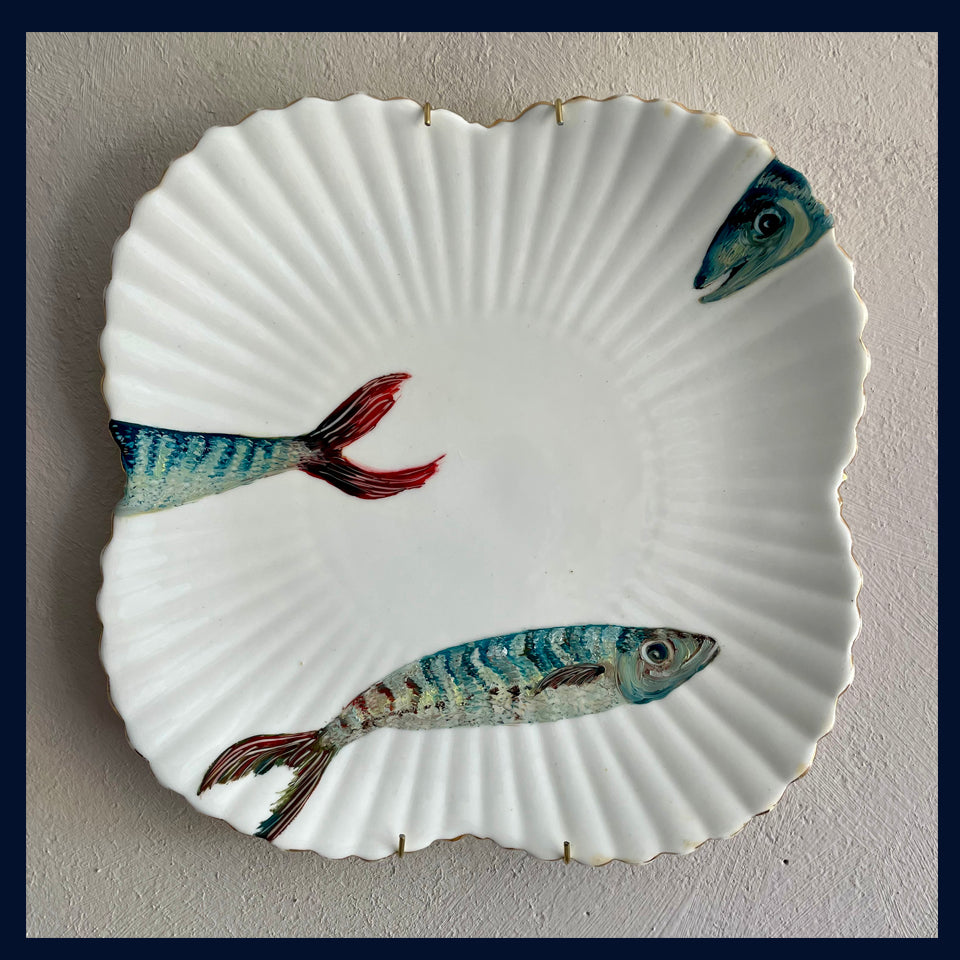 Plated: original fine art oil painting on a vintage plate - 3 mackerel