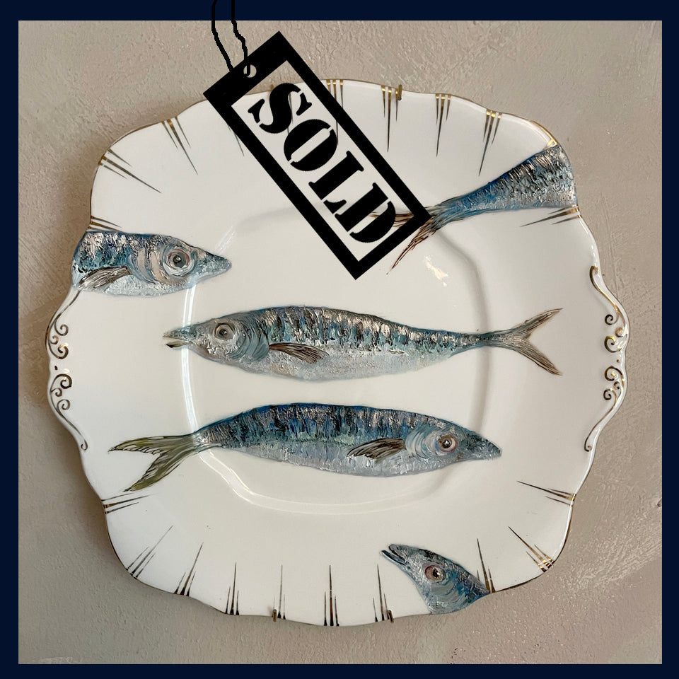 SOLD Plated: original fine art oil painting on a Art Deco cake plate - 5 mackerel