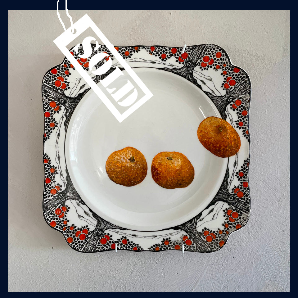 SOLD Plated: original fine art oil painting on a 1930s Crown Ducal plate - Three Mandarins