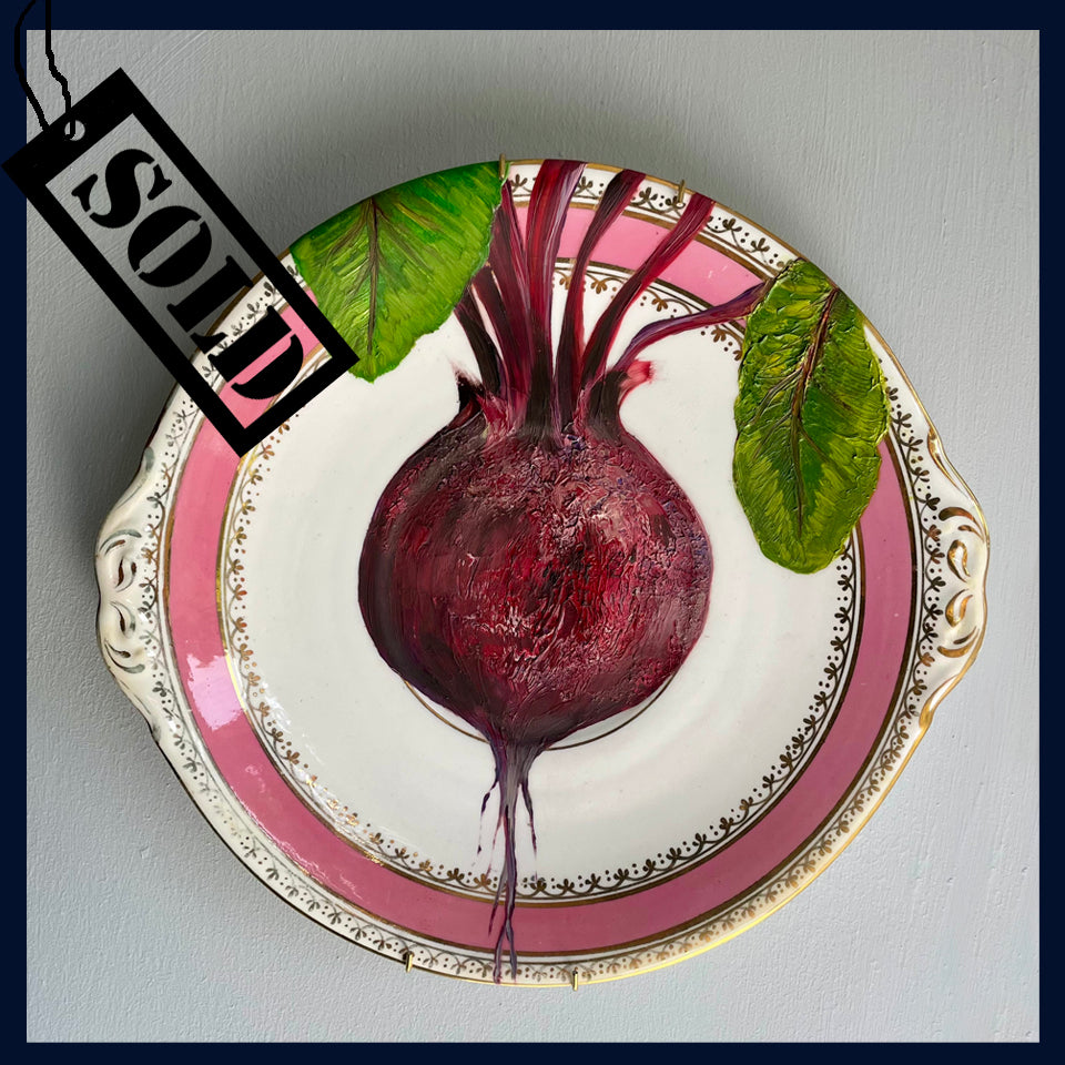 SOLD Plated: original fine art oil painting on a vintage cake plate - beetroot