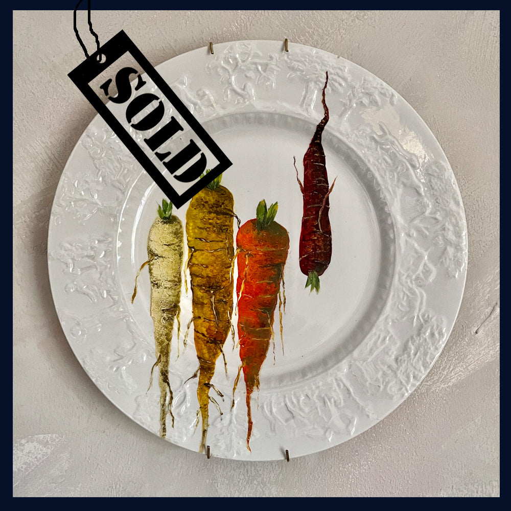 SOLD Plated: original fine art oil painting on a vintage plate - 4 rainbow carrots