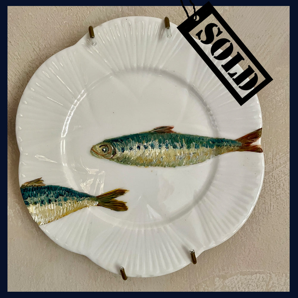 SOLD Plated: original fine art oil painting on a vintage plate - Sardines