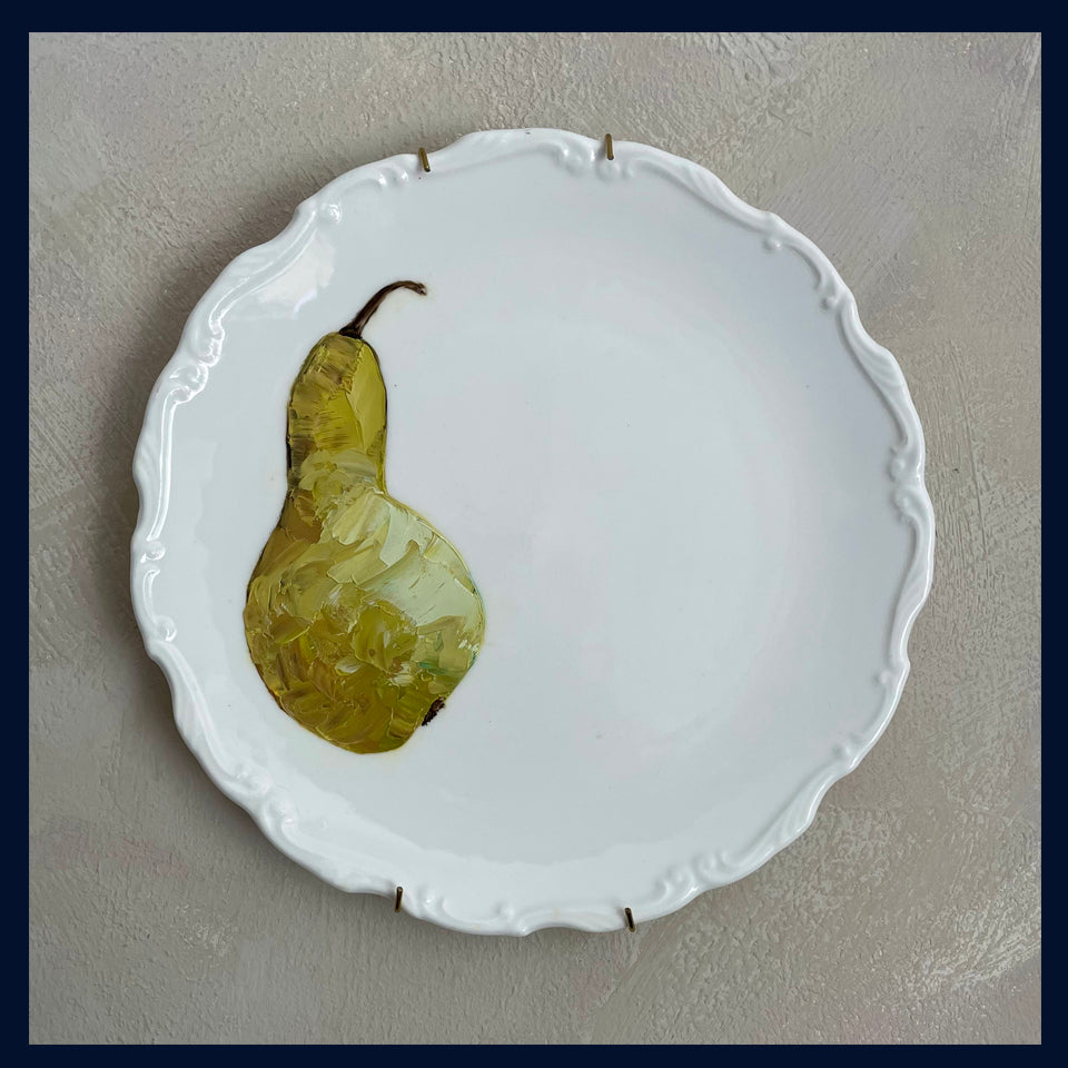 Plated: original fine art oil painting on an antique plate - Conference pear