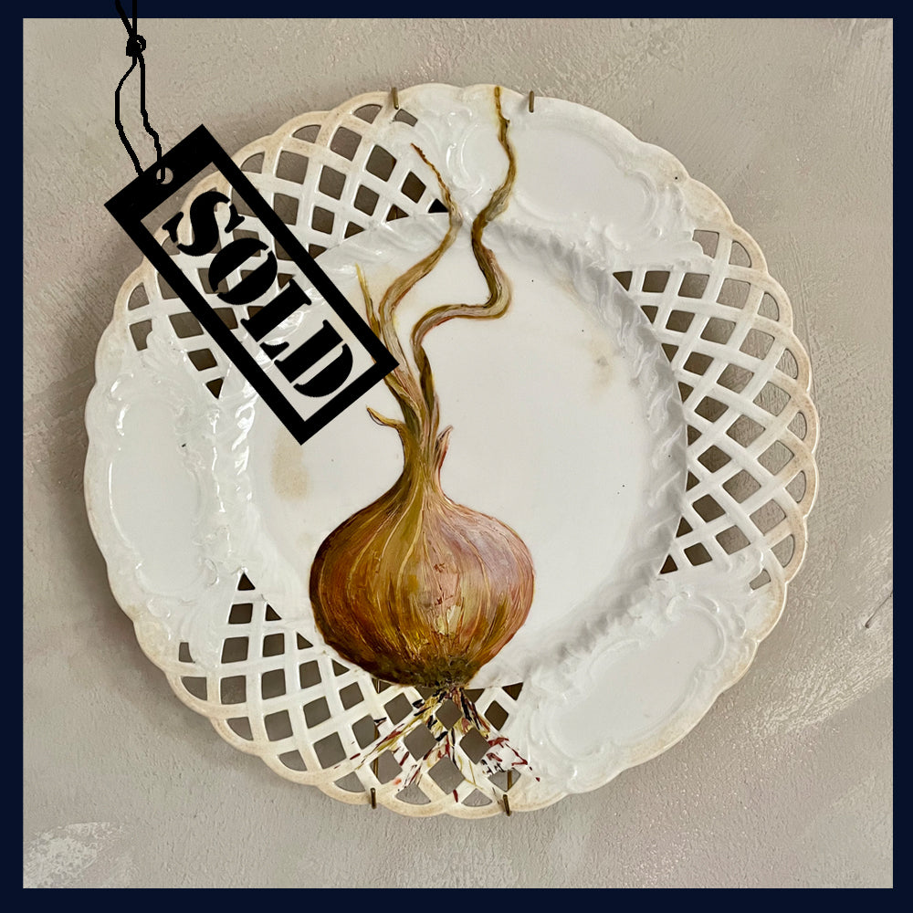 SOLD Plated: original fine art oil painting on an antique reticulated plate - onion