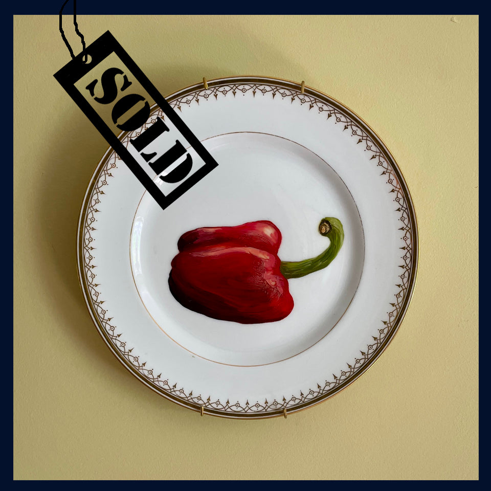 SOLD Plated: original fine art oil painting on an antique plate - red pepper