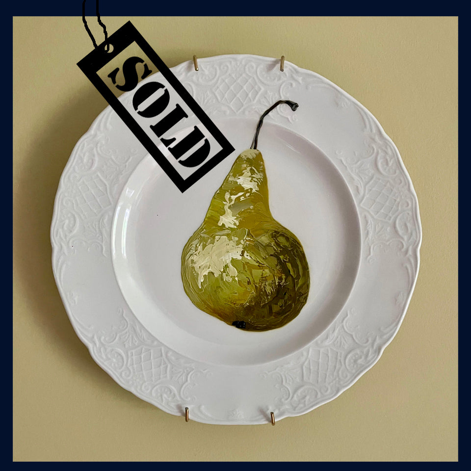 SOLD Plated: original fine art oil painting on an vintage plate - Conference pear 2