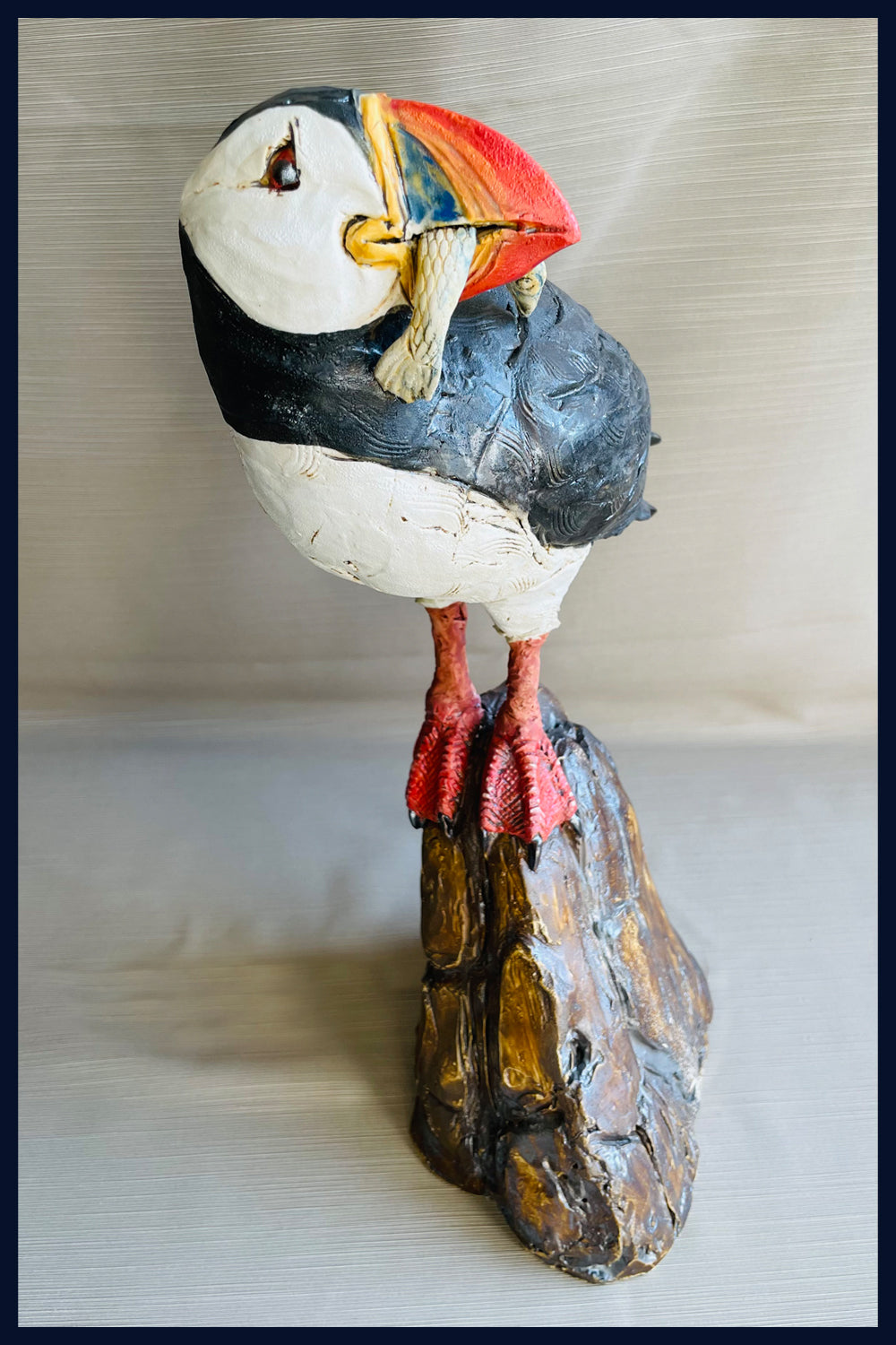Puffin with Fish: Ceramic Sculpture by David Cooke