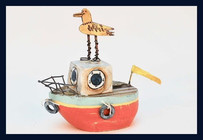 SOLD Small Red Motor Boat with Gull by Frances Noon