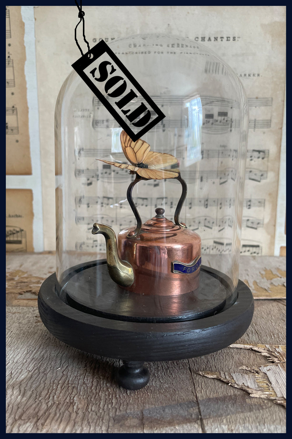 SOLD Enigma Variations Collection: Miniature Antique Copper& Brass Kettle with a Vintage Butterfly under a Glass Display Dome